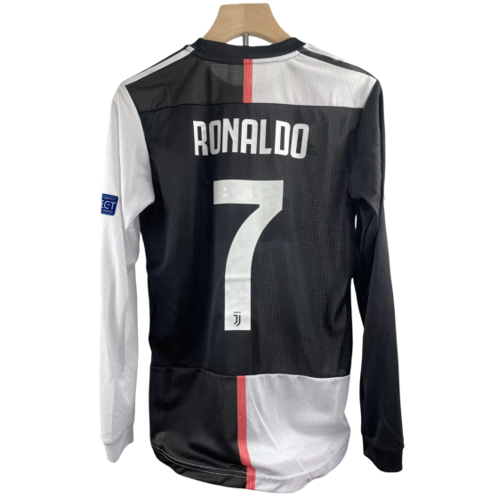 2019-20 Cristiano Ronaldo #7 Juventus Home Retro Player Version Soccer Jersey with UCL Patch - Long Sleeve